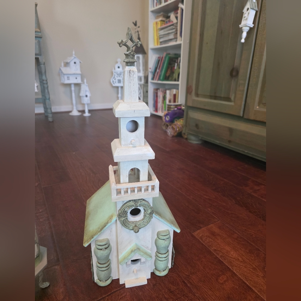 Decorative White and  Sage Green Wooden Birdhouse Accent. Wood And Tall